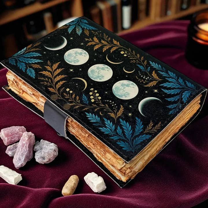 Black Moon Phase Grimoire leather journal Notebook Book of shadow for wholesale on Faire1