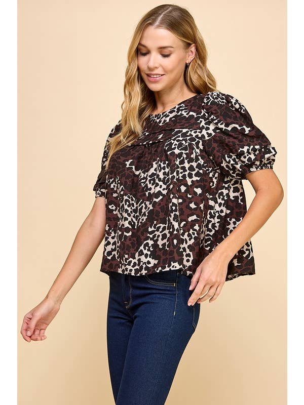 TCEC - Wholesale Blouse - Women's - CT9173-Cheetah Print Pleated Yoke Line Top
