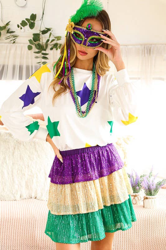 Vine & Love - Wholesale Sweatshirt - Women's - Mardi Gras Crew Neck Long Sleeve Star Jersey Top VT81357DP5