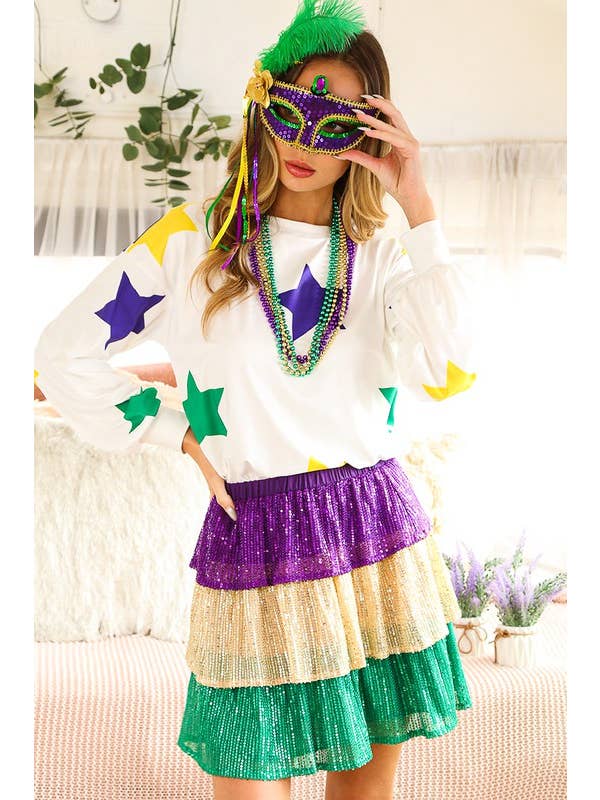 Vine & Love - Wholesale Sweatshirt - Women's - Mardi Gras Crew Neck Long Sleeve Star Jersey Top VT81357DP5