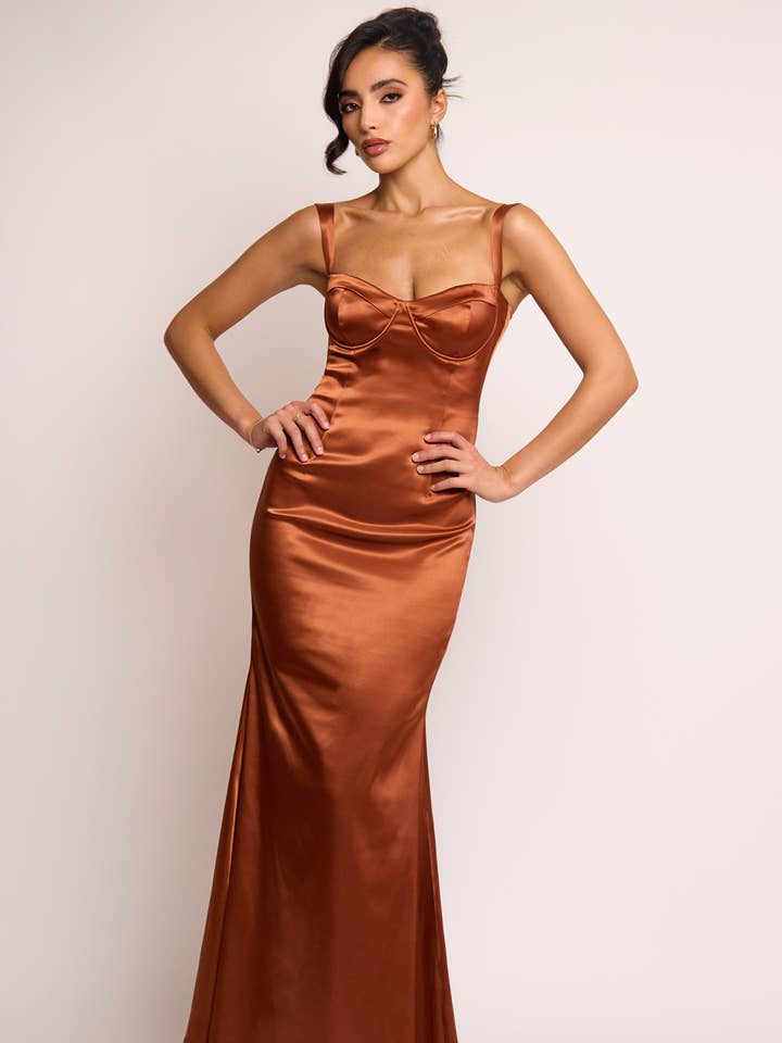 Selma Burnt Orange Satin Slip Maxi Dress for wholesale by Jaded Rose
