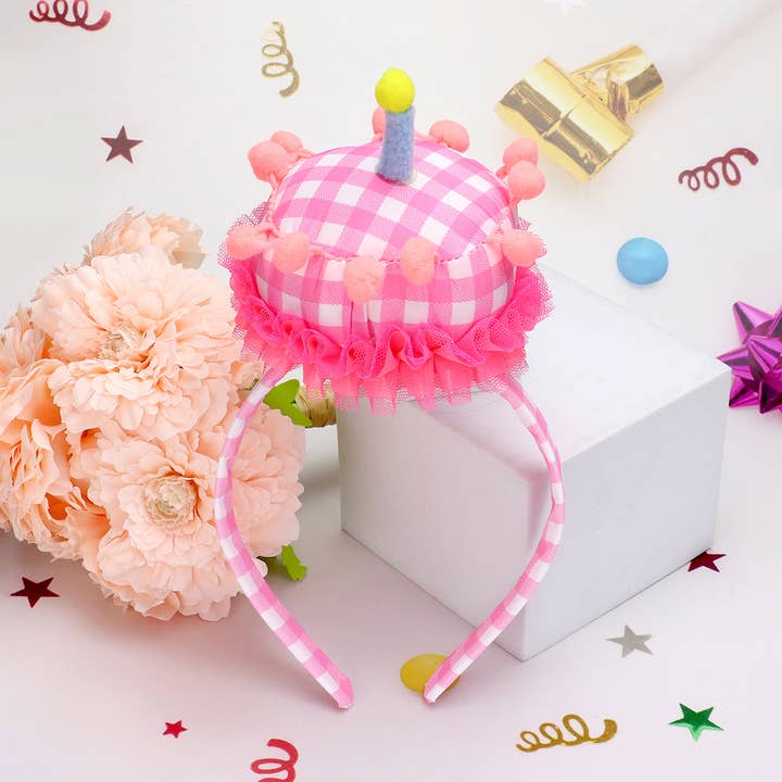 Checkered Plush Birthday Cake Headband for wholesale by Sensibling Corp.