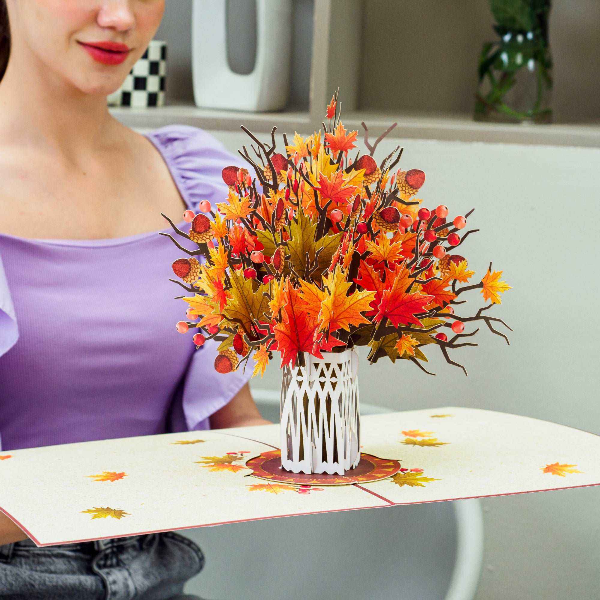 Paper Love – Engroshandel Hverdagshilsen kort – HugePop Pop Up Ahornblad med Aftagelig Buket3