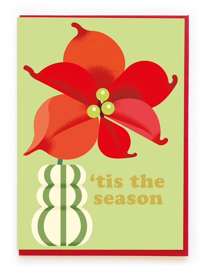 Carte de Noël avec poinsettia et vase rayé pour la vente par Noi Publishing