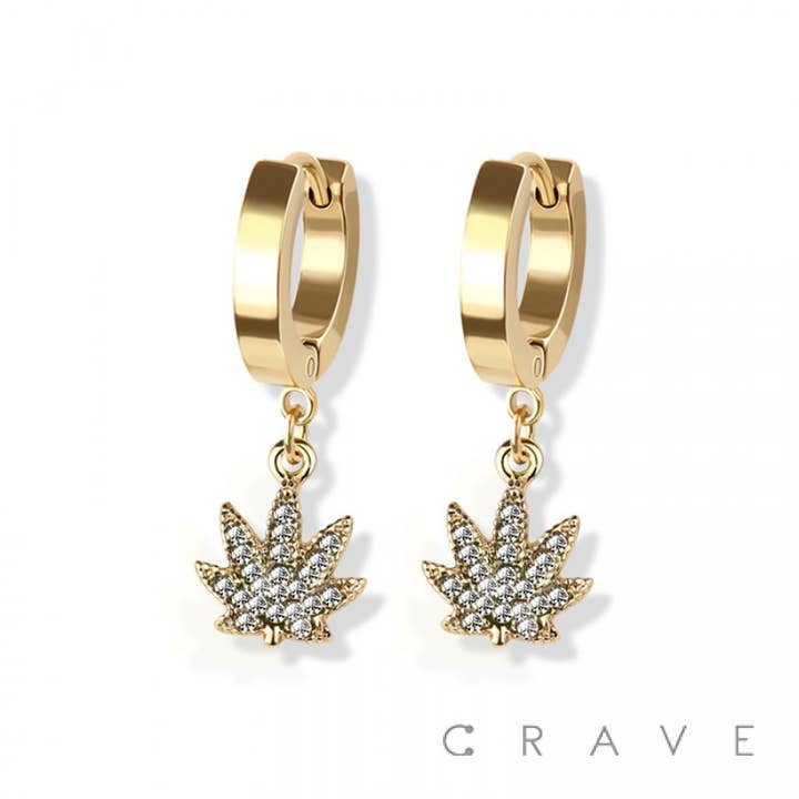CRAVE - Wholesale Dangle Earrings - PAIR OF 316L SS EARRINGS W/GEM PAVED MARIJUANA PENDANT5