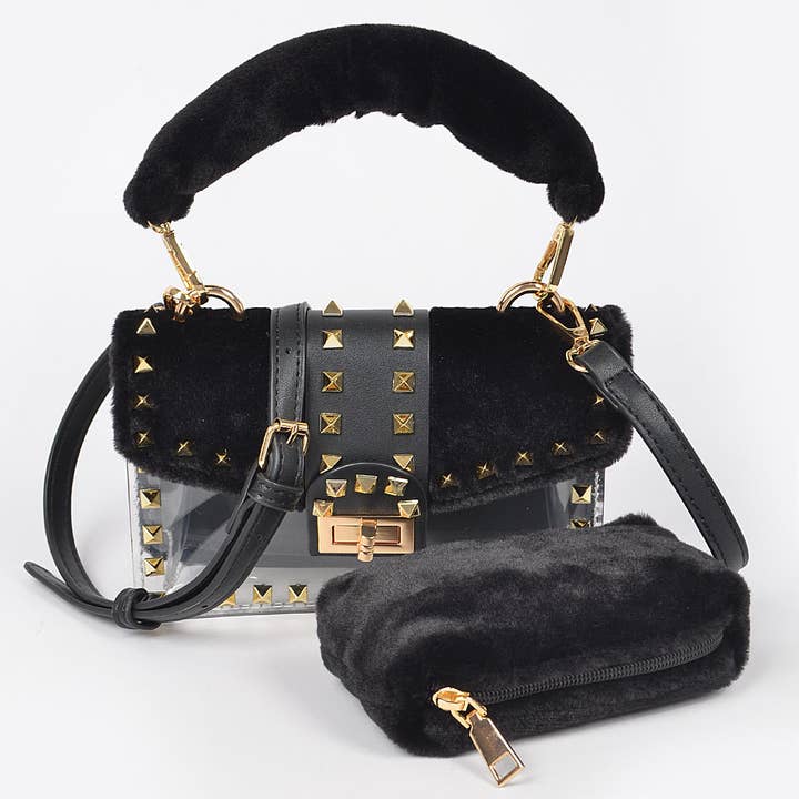 Bolsa transparente com pelúcia sintética e tachas por atacado de 3AM BY H&D ACCESSORIES