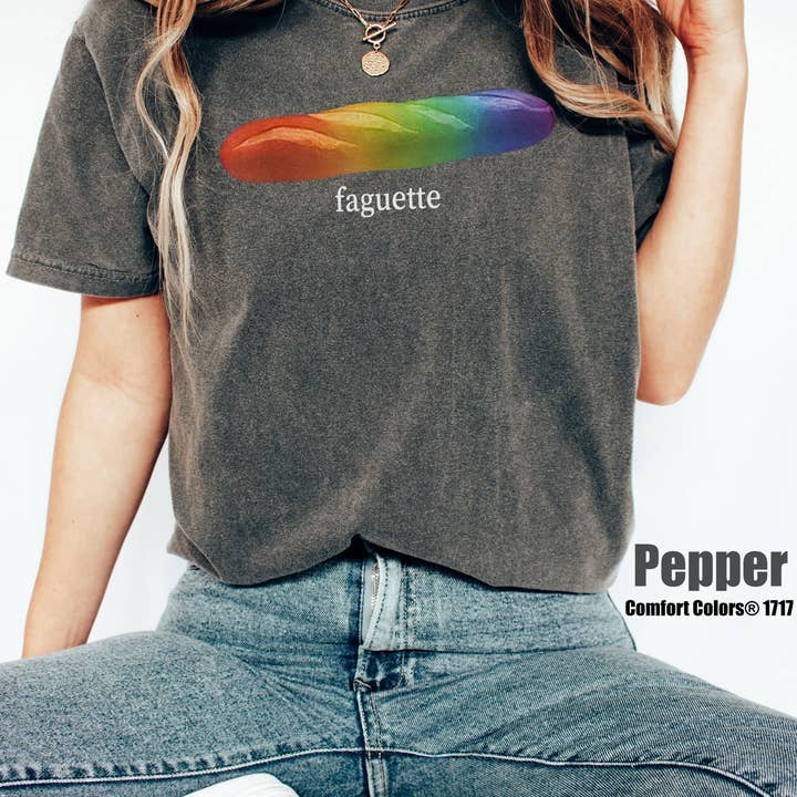 Glaime - Wholesale T-Shirt (Graphic) - Women's - Comfort Color Baguette Rainbow Shirt, Faguette LGBT Sweater2