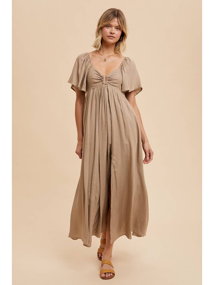 In Loom - Wholesale Dress - Women's - LINEN TENCEL FLUTTER SLEEVE MAXI DRESS WITH GOLD NOTCH