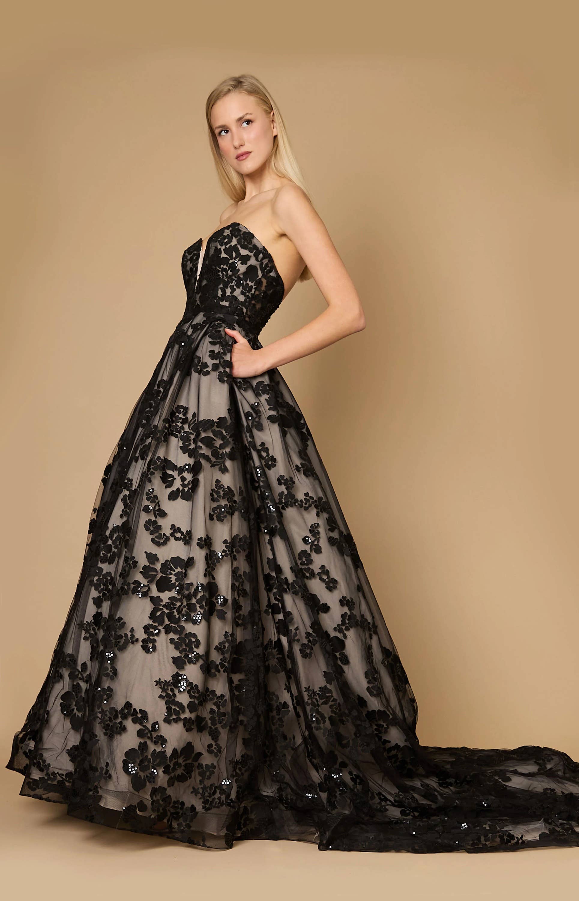 Long Black Tie Formal Couture Ball Gown for wholesale on Faire0