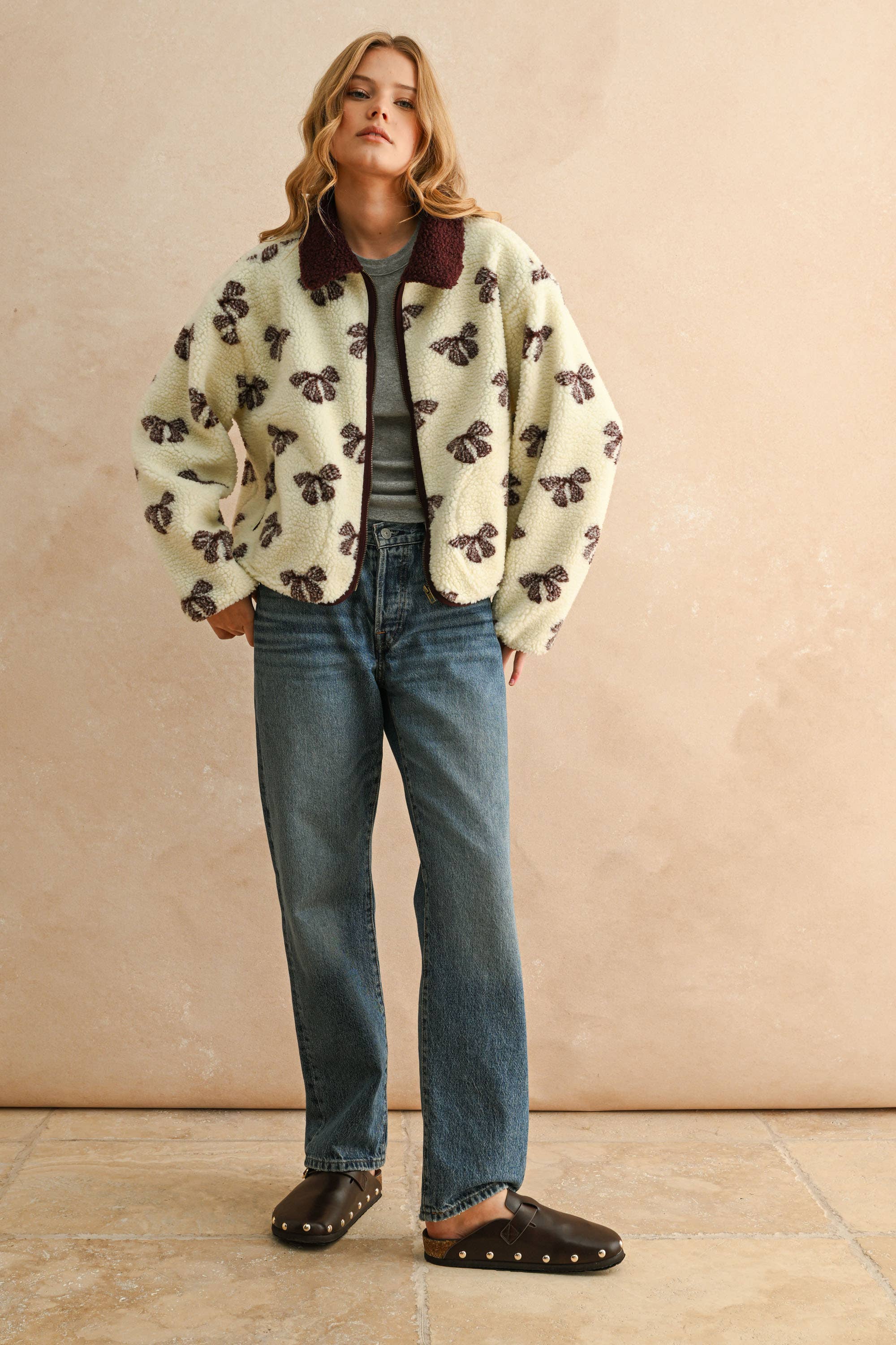 RED BEAN J5374   BOW PATTERN SHERPA JACKET for wholesale on Faire3