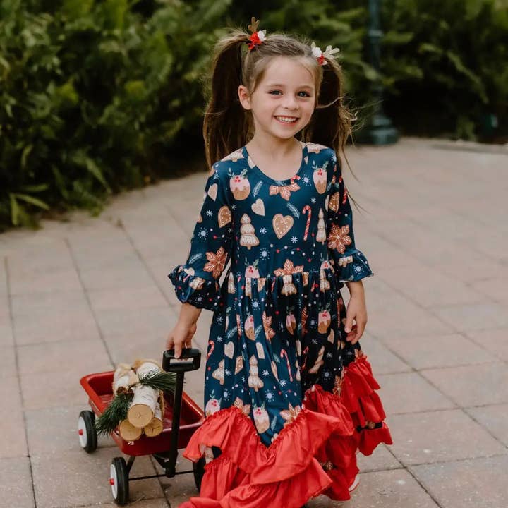 Robe longue à volants bleue et rouge pour filles Noël 2025 pour la vente par Rufflеѕ & Bоwtіеѕ - Affordable Boys & Girls Clothing