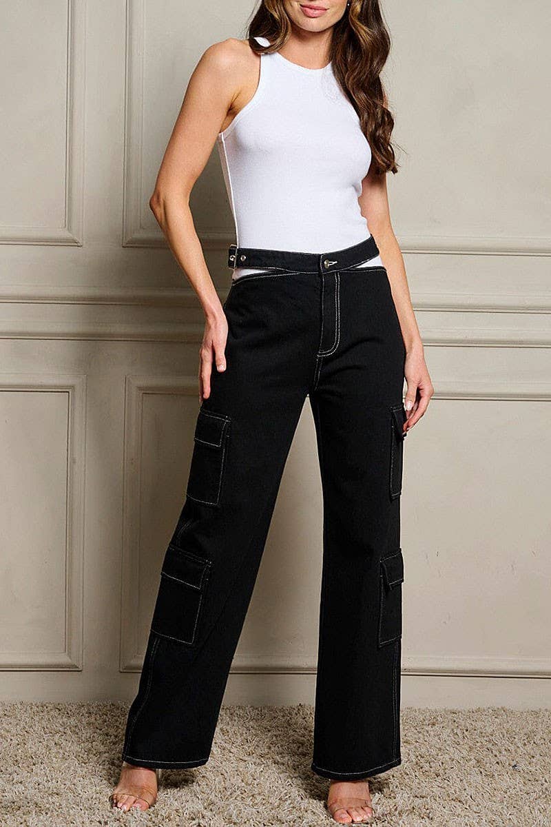 Black BUTTON CLOSURE CARGO POCKETS DENIM PANTS for wholesale on Faire1
