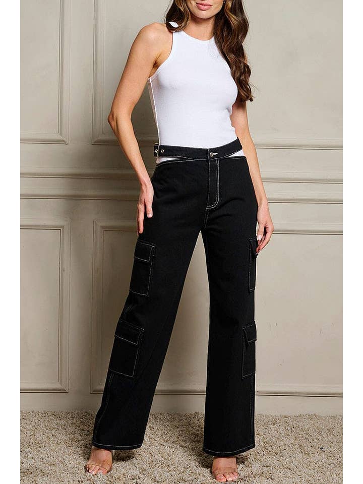 Black BUTTON CLOSURE CARGO POCKETS DENIM PANTS for wholesale on Faire1