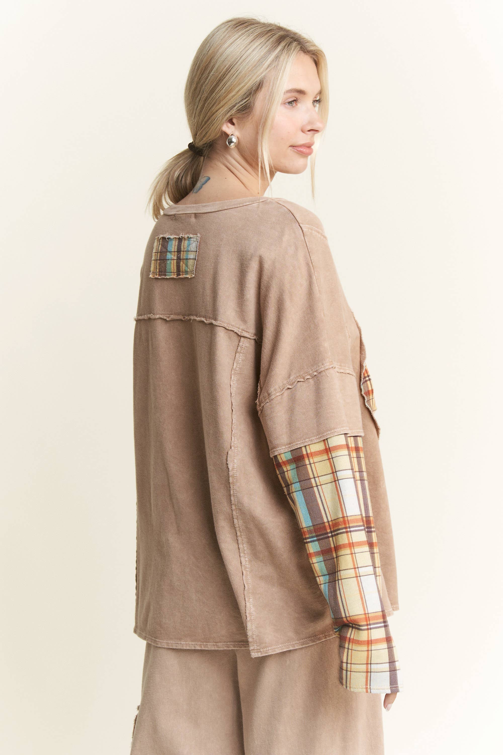 J.Her – Túnica - Mulher por atacado – MineralWash Xadrez PIECE acolchoado Top de mangas em camadas HT5987.5