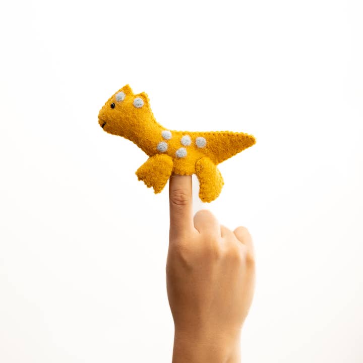 Yellow Dino Finger Puppet, Handmade, Needle Felted for wholesale by Everest Pet Supply & Gifts