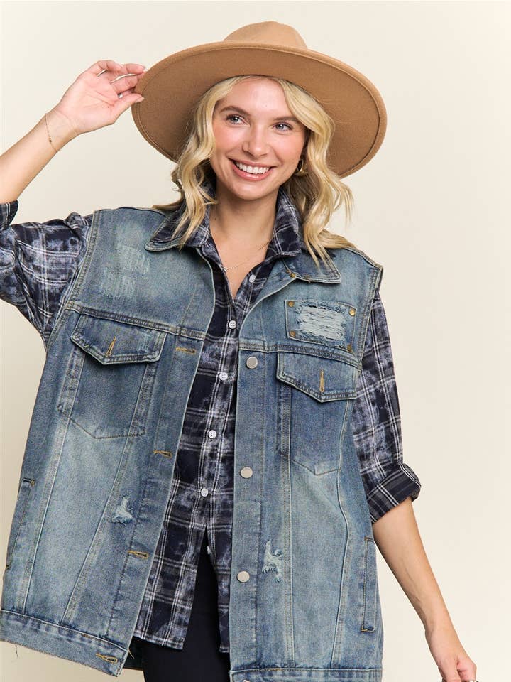 DISTRESSED DENIM SLEEVELESS VEST- LEJ4148 for wholesale by Madelyn