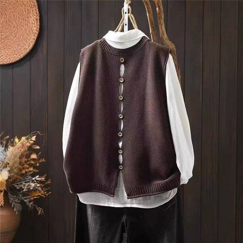 Sheer Trend - Wholesale Sweater Vest - Women's - Loose-Fit Round Neck Knitted Vest With Buttons4