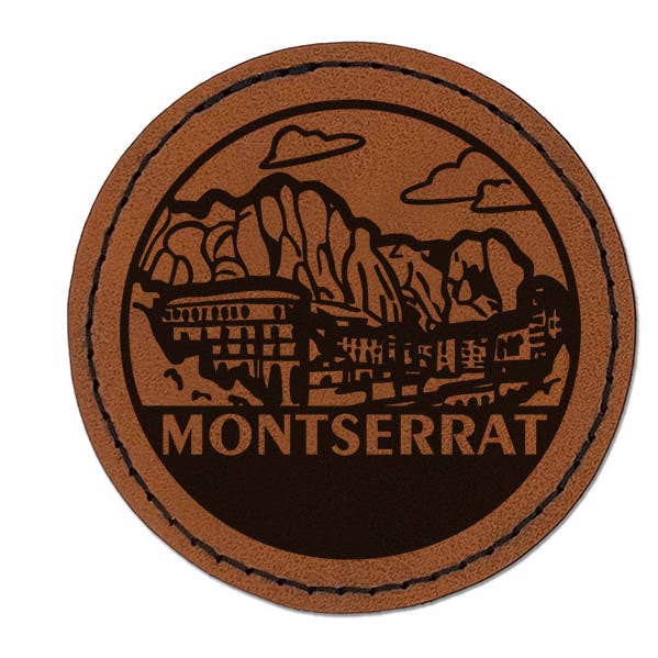 Montserrat Monastery Country Destination Round Iron-On Engraved Faux Leather Patch Applique - 2.5 Inch - Brown for wholesale by Sniggle Sloth