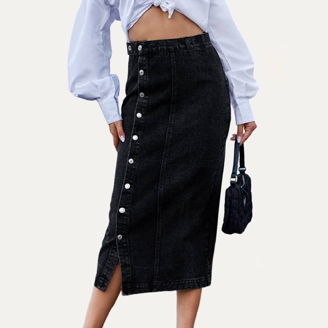 The Moment Collection - Wholesale Skirt - Women's - Always Chic Buttons High-Rise Denim Midi Skirt6