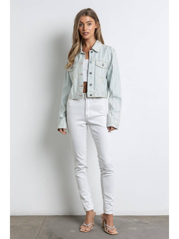 Denim chiaro/trasparente Giacca di jeans corta con bottoni di strass IJ1709 in vendita all'ingrosso su Faire2