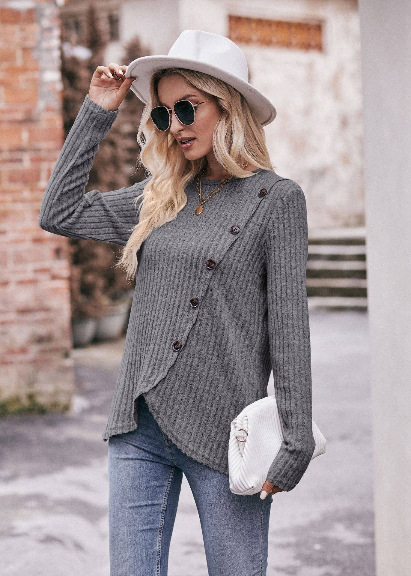 Lovesoft - Wholesale Knit Top - Women's - Round Neck Pit Strip Polished Tulip Hem Solid Color Button T-shirt21