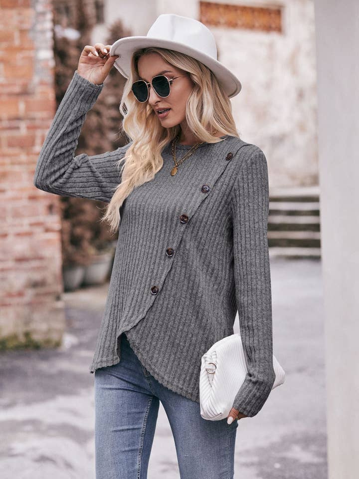 Lovesoft - Wholesale Knit Top - Women's - Round Neck Pit Strip Polished Tulip Hem Solid Color Button T-shirt21