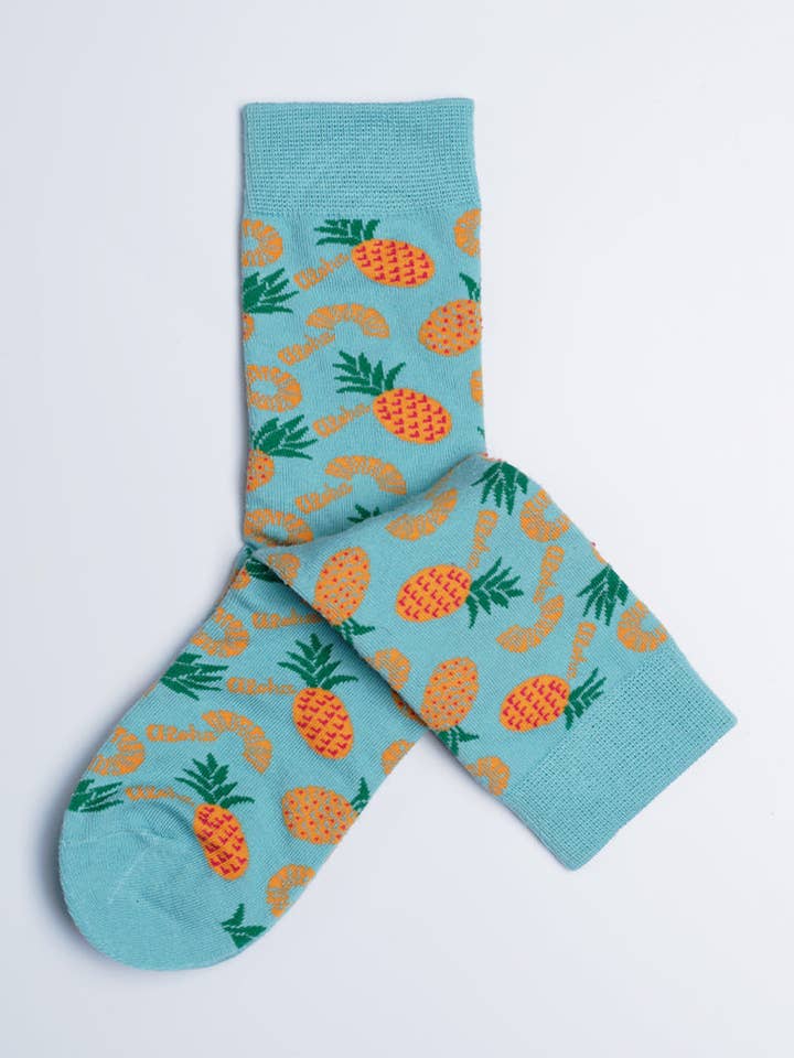 Kids Aloha Pineapple Tropical Crew Socks for wholesale by Just Fun Socks