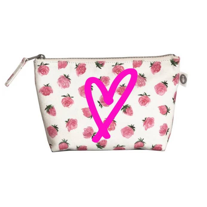 Trousse de maquillage florale blanche avec cœur griffonné - Saint-Valentin pour la vente par Quilted Koala
