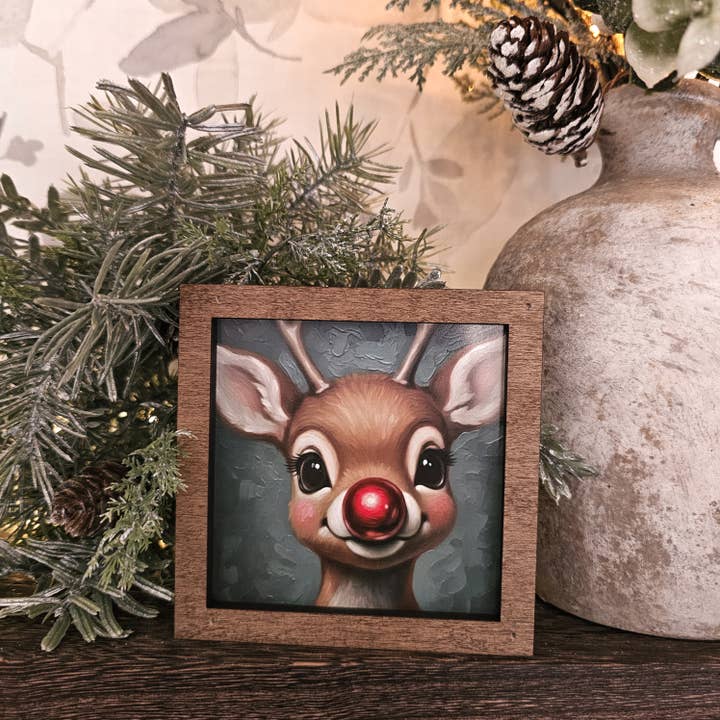 Christmas Red-Nosed Reindeer Framed Art Block for wholesale by BD Lasers INC.