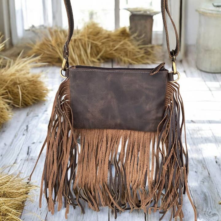Western Linens - Wholesale Crossbody Bag - Women's - Bucking Horse Cowhide Fringe Crossbody