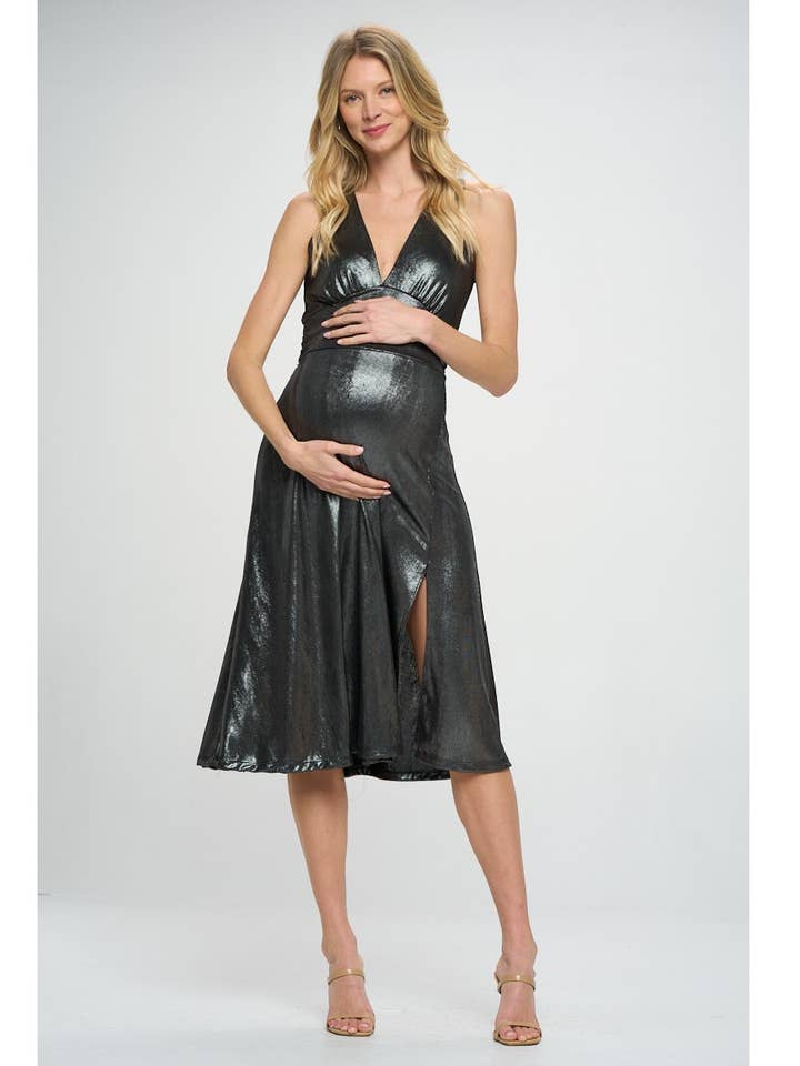 Star Motherhood - Vente Robe - États-Unis - Robe de maternité métallisée à col en V profond avec fente