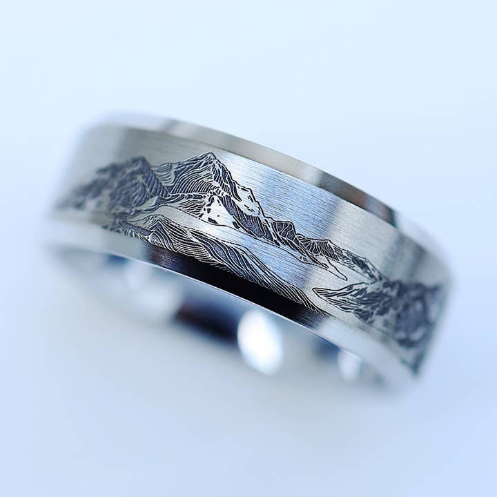 Hyper Detailed 3D Mountain Landscape Wedding Ring 8mm for wholesale by Veil