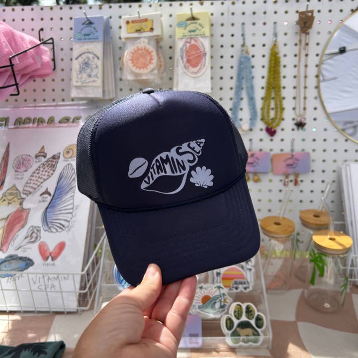 Seashell Navy Trucker Hat for wholesale by Vitamin Sea Clothing