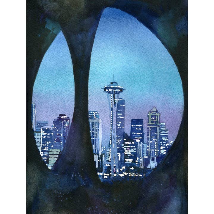 De skyline van Seattle, WA met Space Needle, gezien door middel van een sculptuur op Queen Ann Hill. Seattle art skyline schilderij aquarel blauw voor wholesale door Ryan Fox Fine Art