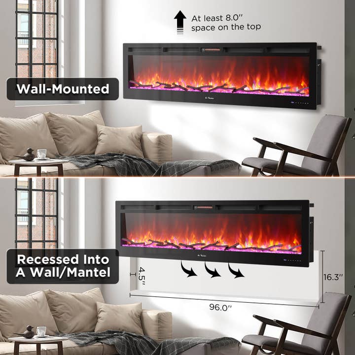 TURBRO - Wholesale Fireplace Screen - In Flames INF98W-3D WiFi Smart Wall Mounted Electric Fireplace - Tempered Glass2