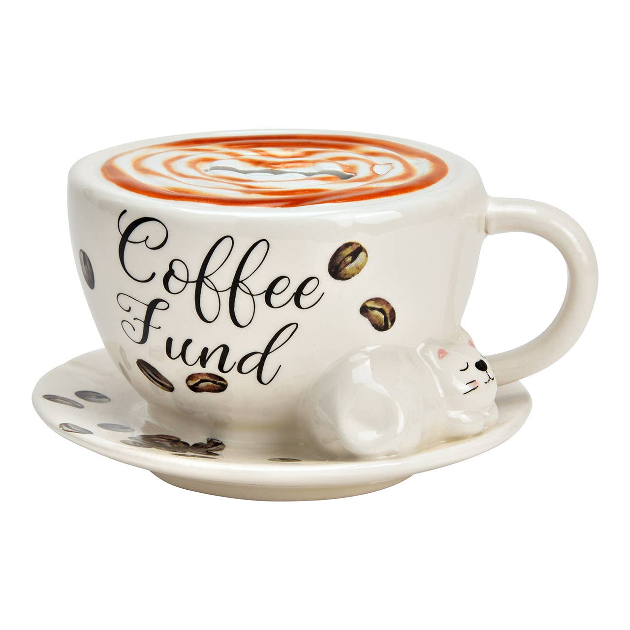 Wurm - Venta al por mayor Tarro de monedas/hucha de cerdito - Hucha taza "Fondo de café" de cerámica, blanco (A/L/P) 14x8x13cm0