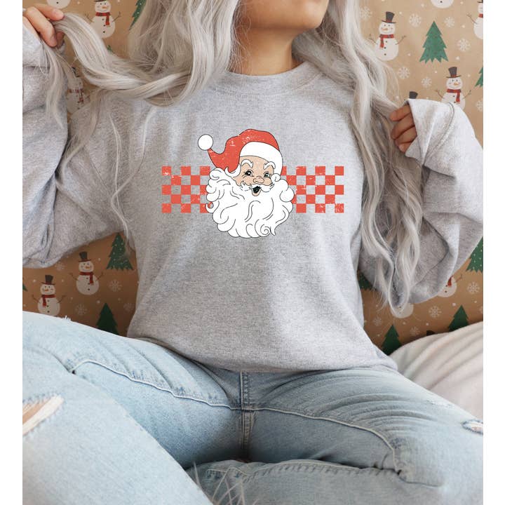 Santa with Checkered Background T-Shirt or Crew Sweatshirt for wholesale by Peach Closet