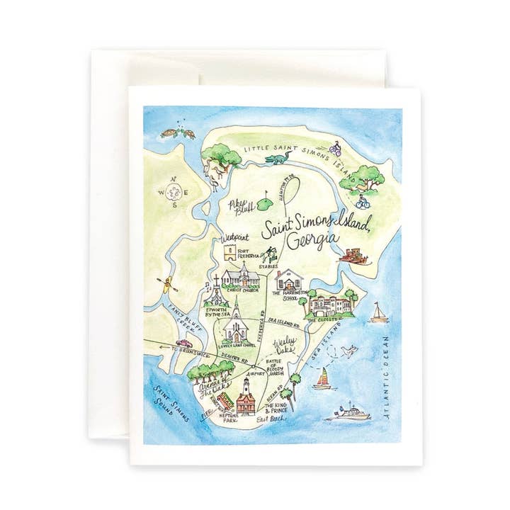 Aquarel Saint Simons Island, Georgia Kaart Wenskaart of Notitiekaarten Set voor groothandel op Faire0