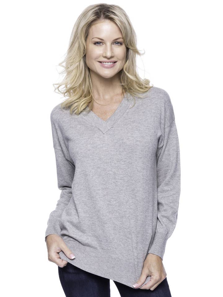 Cashmere Blend Deep V-Neck Sweater - Heather Grey for wholesale by Tocco Reale