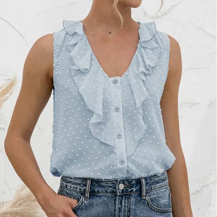 SEXY V NECK RUFFLED HALTER BUTTON SHIRT_CWTSTSL0050 for wholesale by Lily Clothing