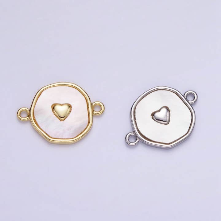 14K Gold Filled Round Coin Heart Charm Connector Shell Pearl Link Connector | G286 for wholesale by Aim Eternal