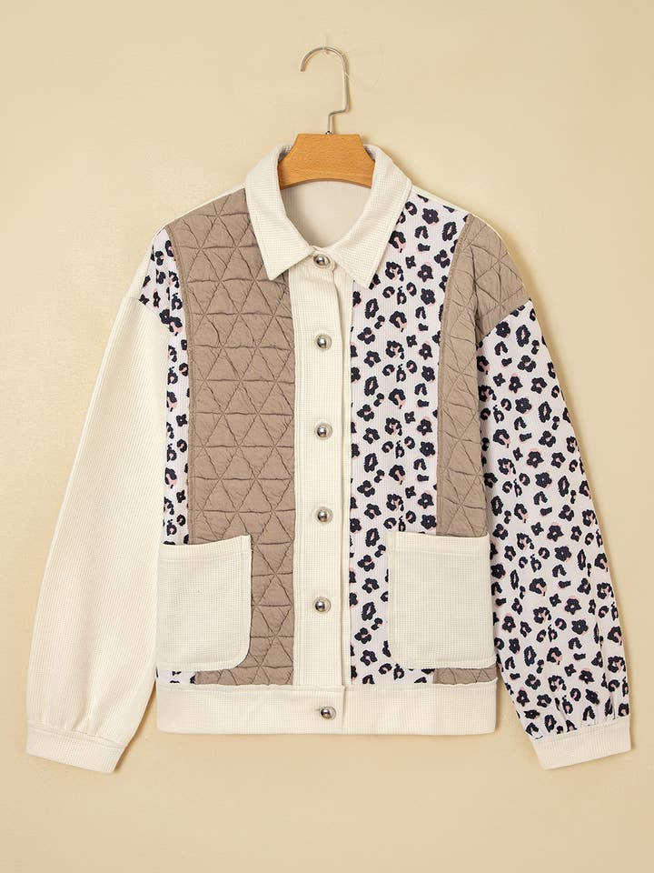 Kaki Veste matelassée patchwork en tissu gaufré léopard en vente sur Faire5