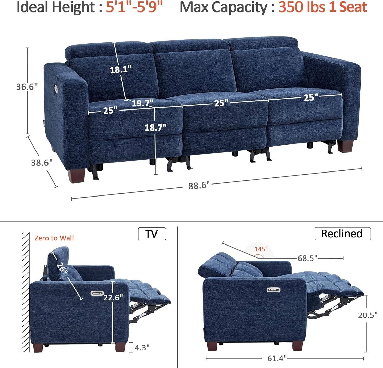 Navy Blue Zero Wall Hugger Power Reclining Sofa USB Ports for wholesale on Faire2