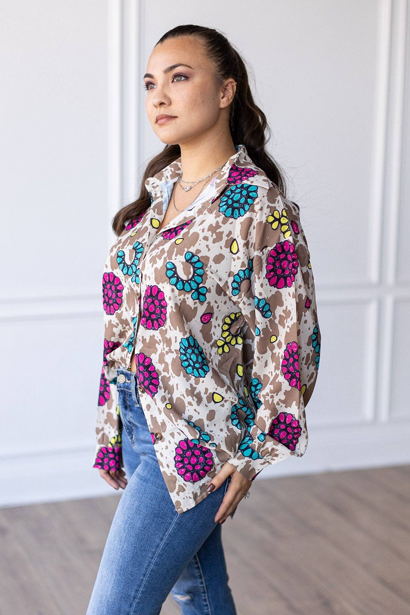 Leopard Rodeo Queen Cow Print Button Down for wholesale on Faire2