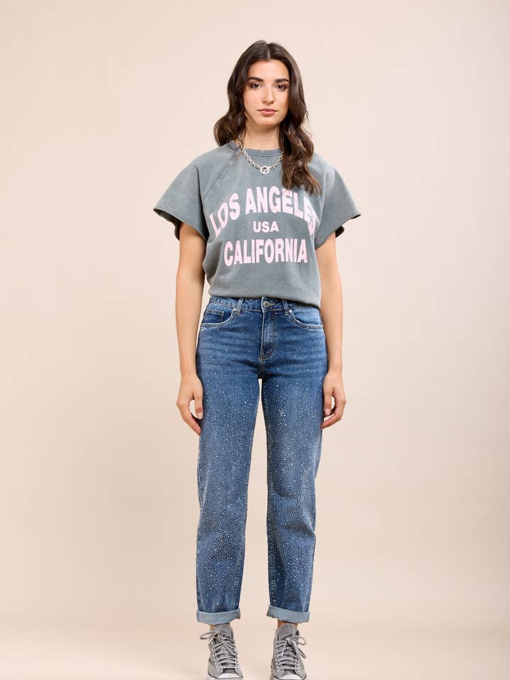 Toxik3 jeans mom stretch reversibile con strass completi per la vendita all'ingrosso da parte di Toxik3