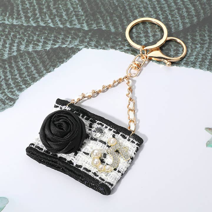 Fabric Flower Pearl Number Five Handbag Keychain/Bag Charm for wholesale by Sensibling Corp.