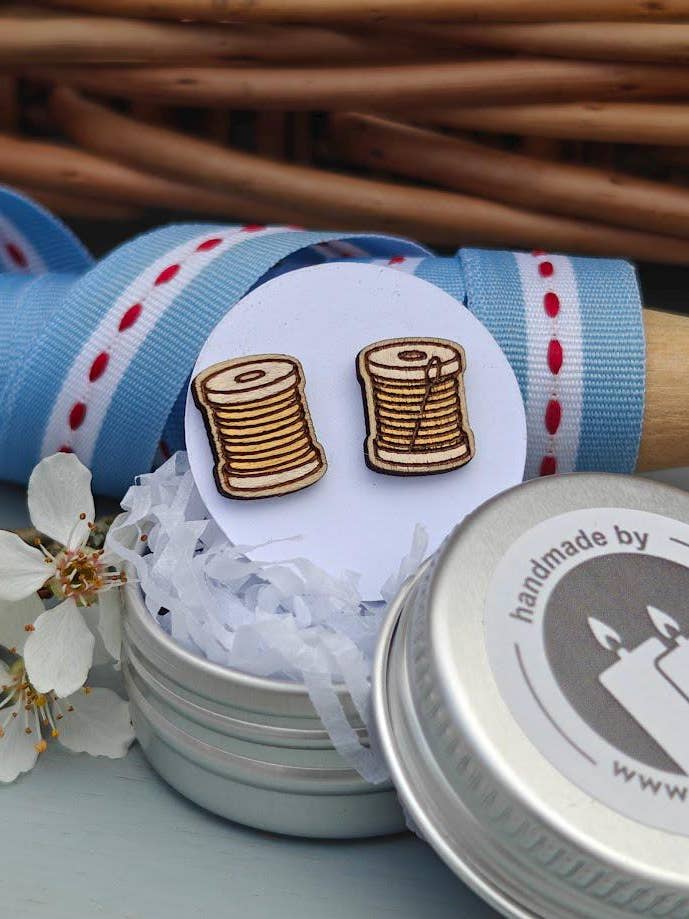 Handmade Sustainable Birch Yellow Cotton Reel Earrings for wholesale by Hyggestyle