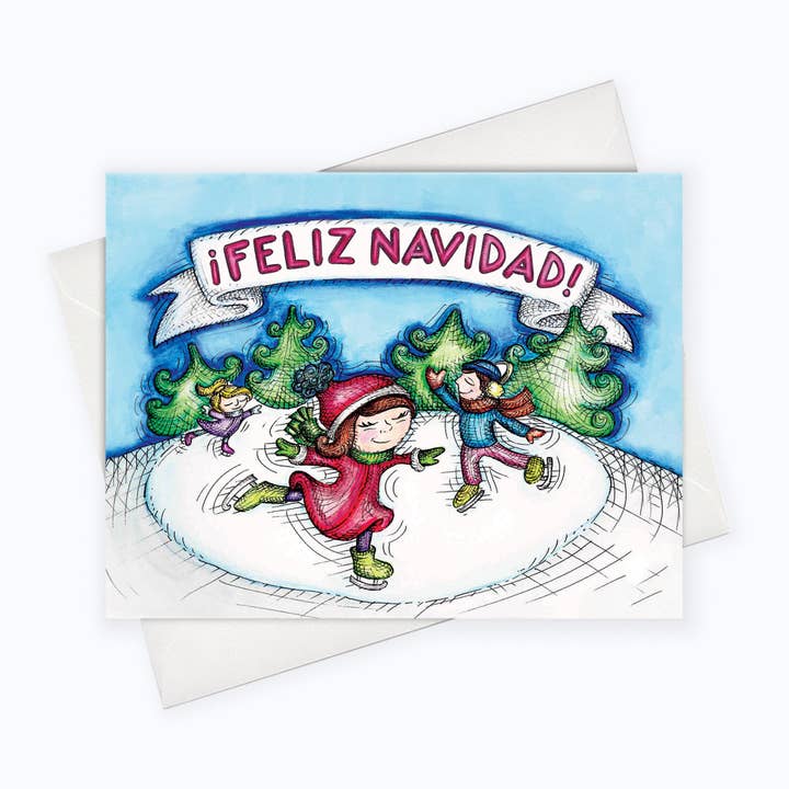 About A Cloud Stationery & Gifts - Wholesale Christmas Card - FELIZ NAVIDAD HOLIDAY SKATERS CARD | Spanish Holiday Card