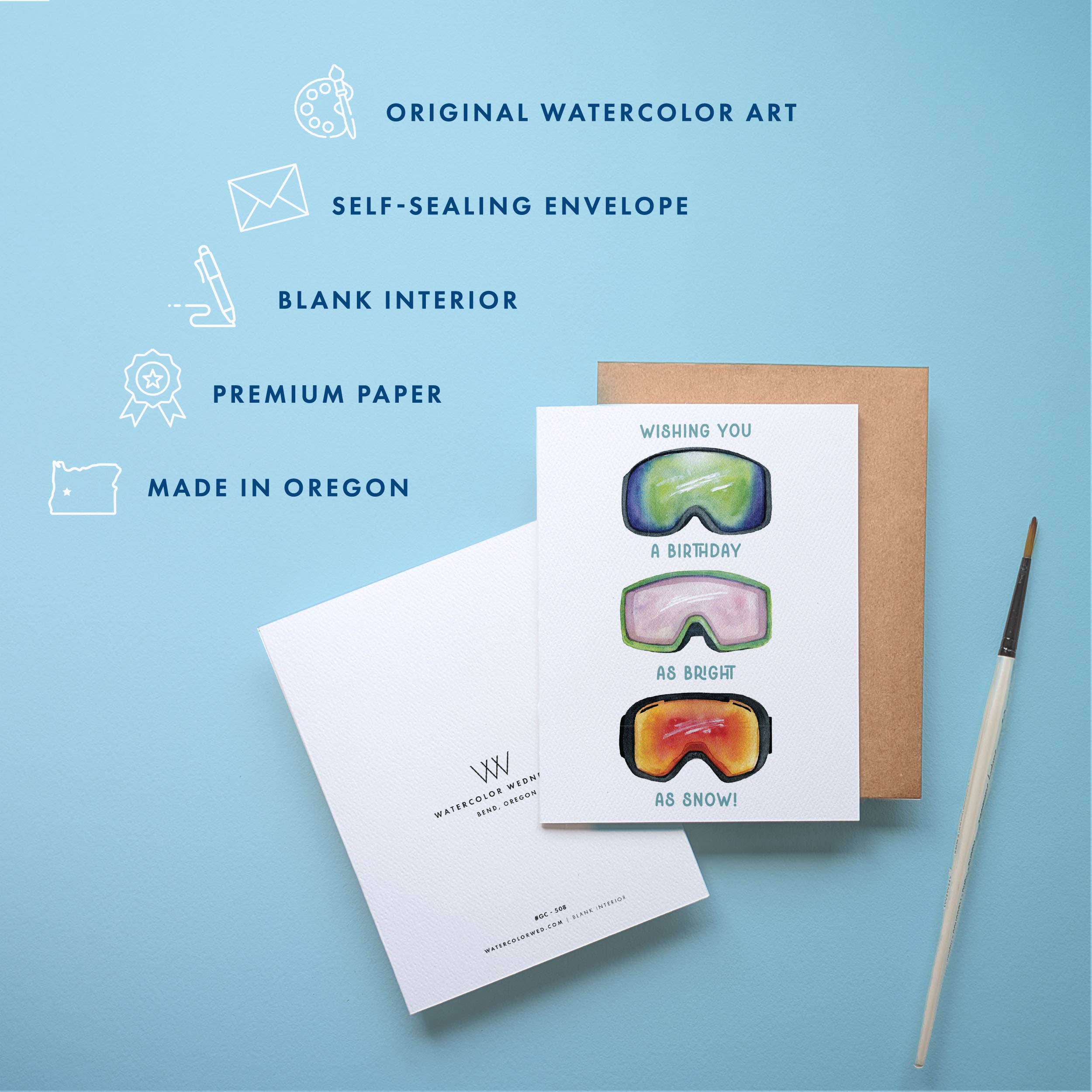 Watercolor Wednesday - Wholesale Verjaardagskaartje - Verjaardagskaart skiën met ontwerp van snowboard- en skibrillen1