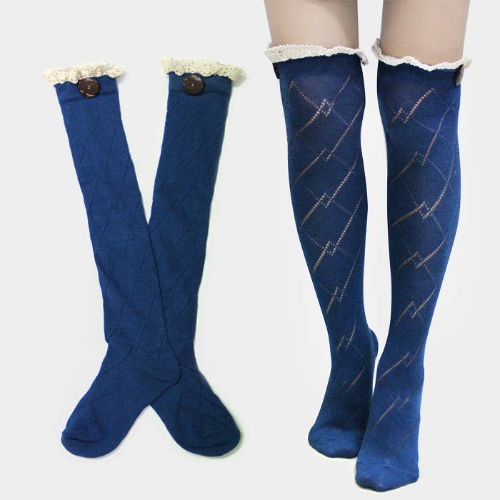 Sensibling Corp. - Wholesale Socks - Women's - Diamond Pattern Button Lace Knee-High Cotton Stocking Socks0